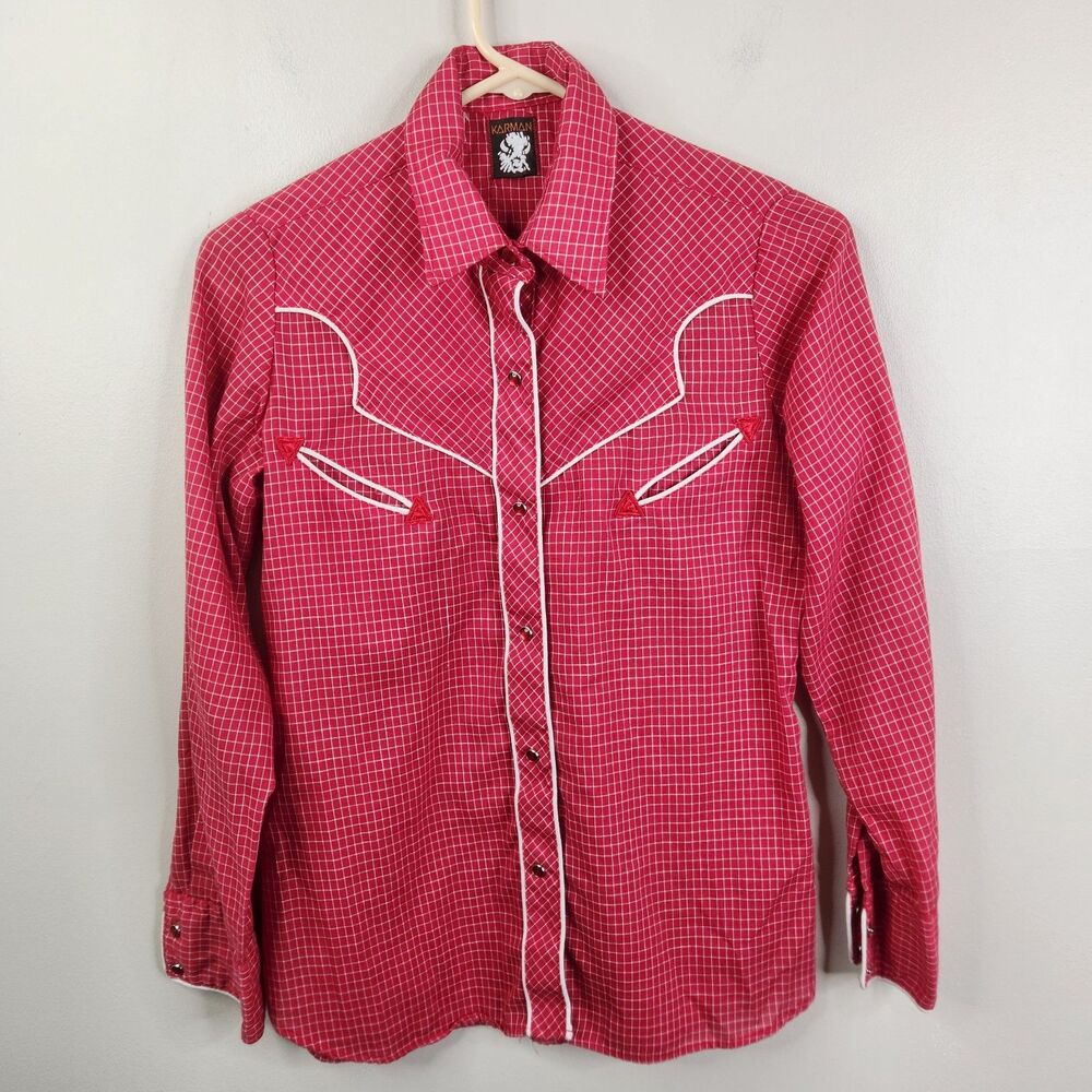 Karman Vintage 70s Womens Pearl Snap Gingham Dual Pocket Western Shirt  Sz 8 - Picture 4 of 9